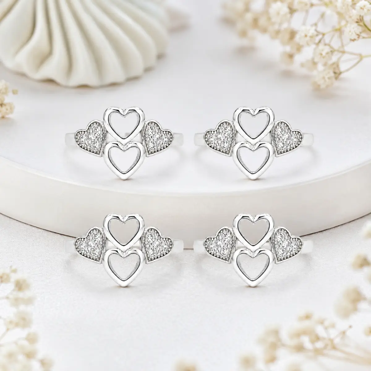 925 Sterling Silver A Toe Ring Pair Of 2 Heart Design For Women